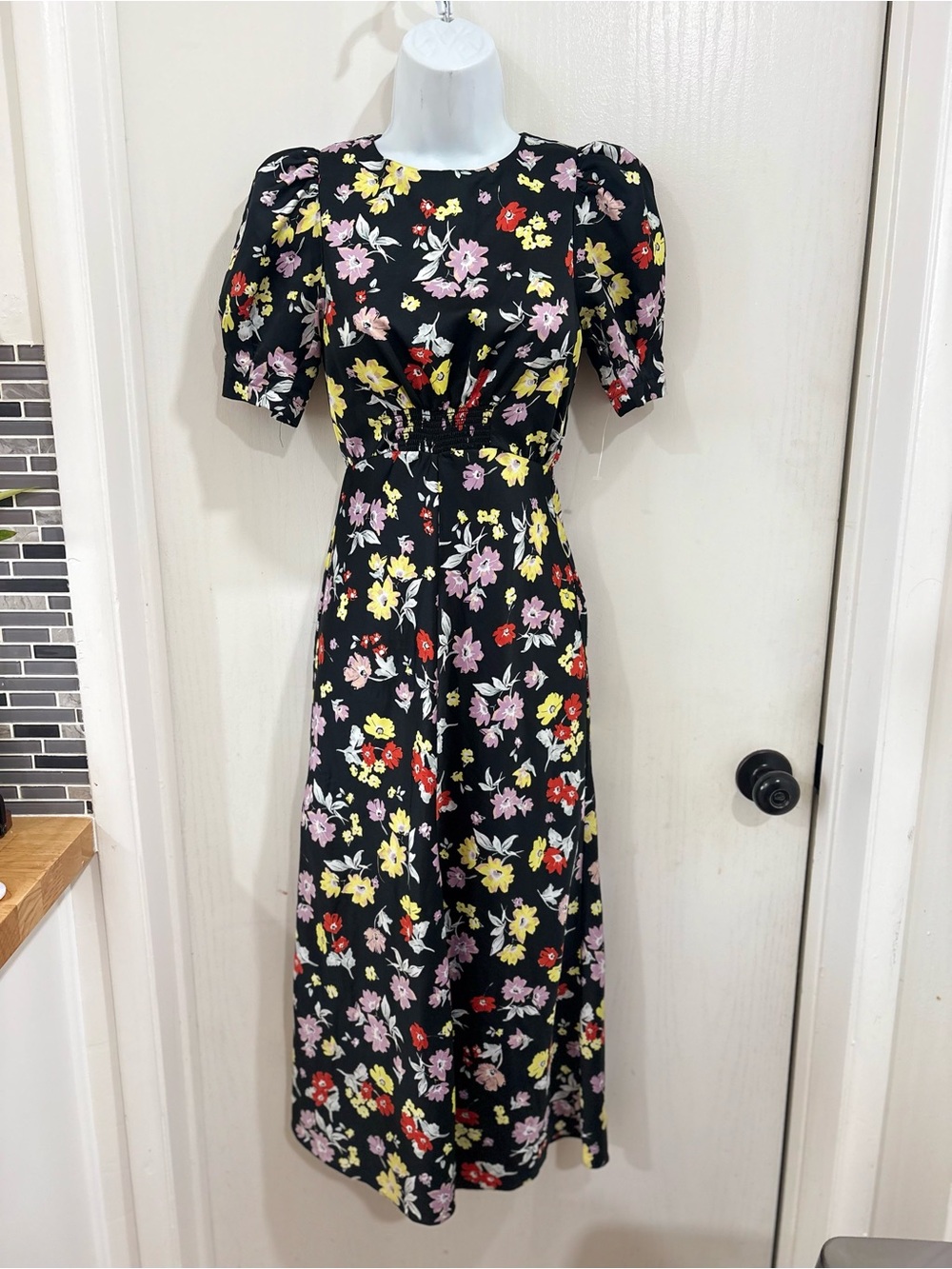 ASOS Black Floral Midi Dress with Puff Sleeves
